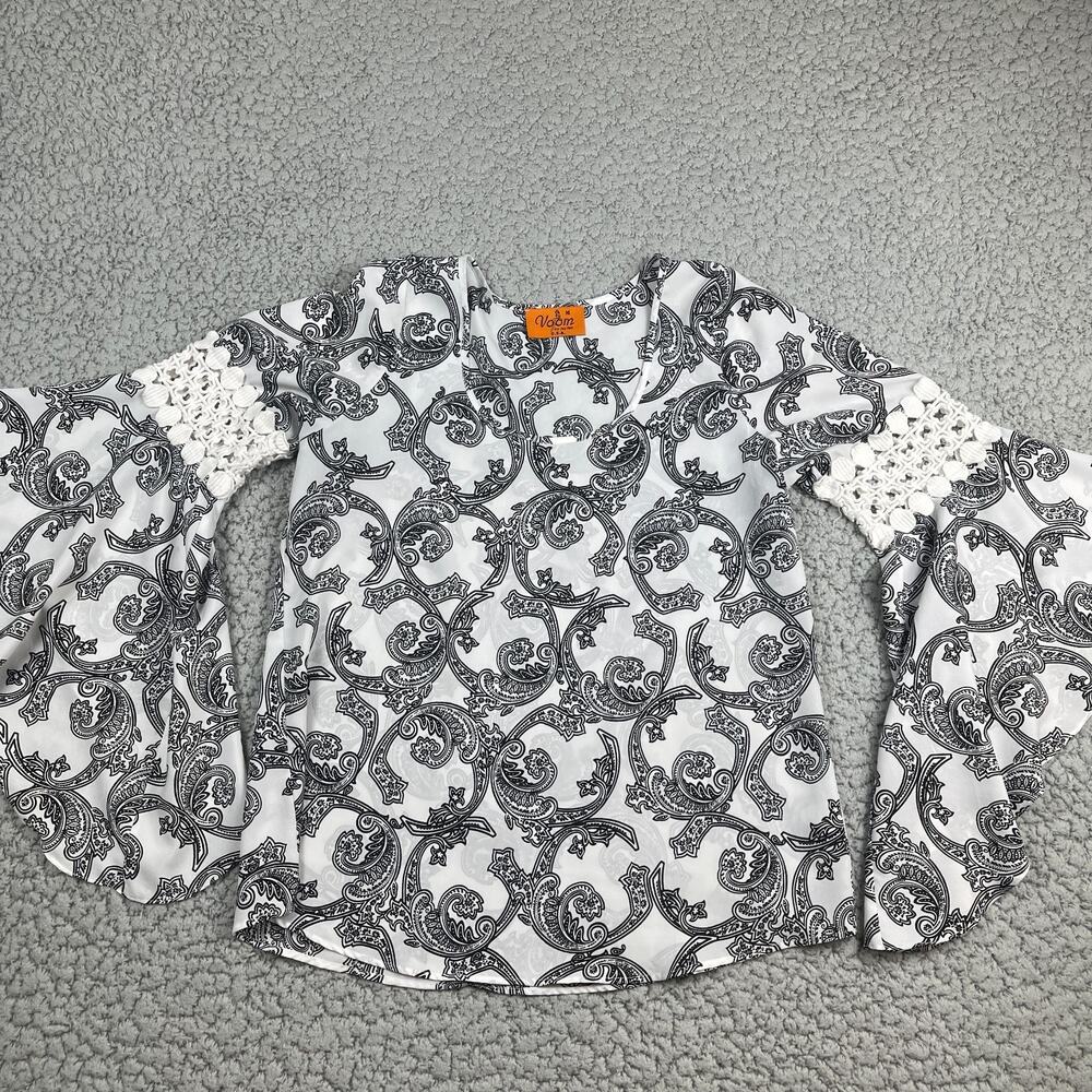 VOOM by Joy Han Medium Boho Tunic Top Flare Sleeve Paisley Black White